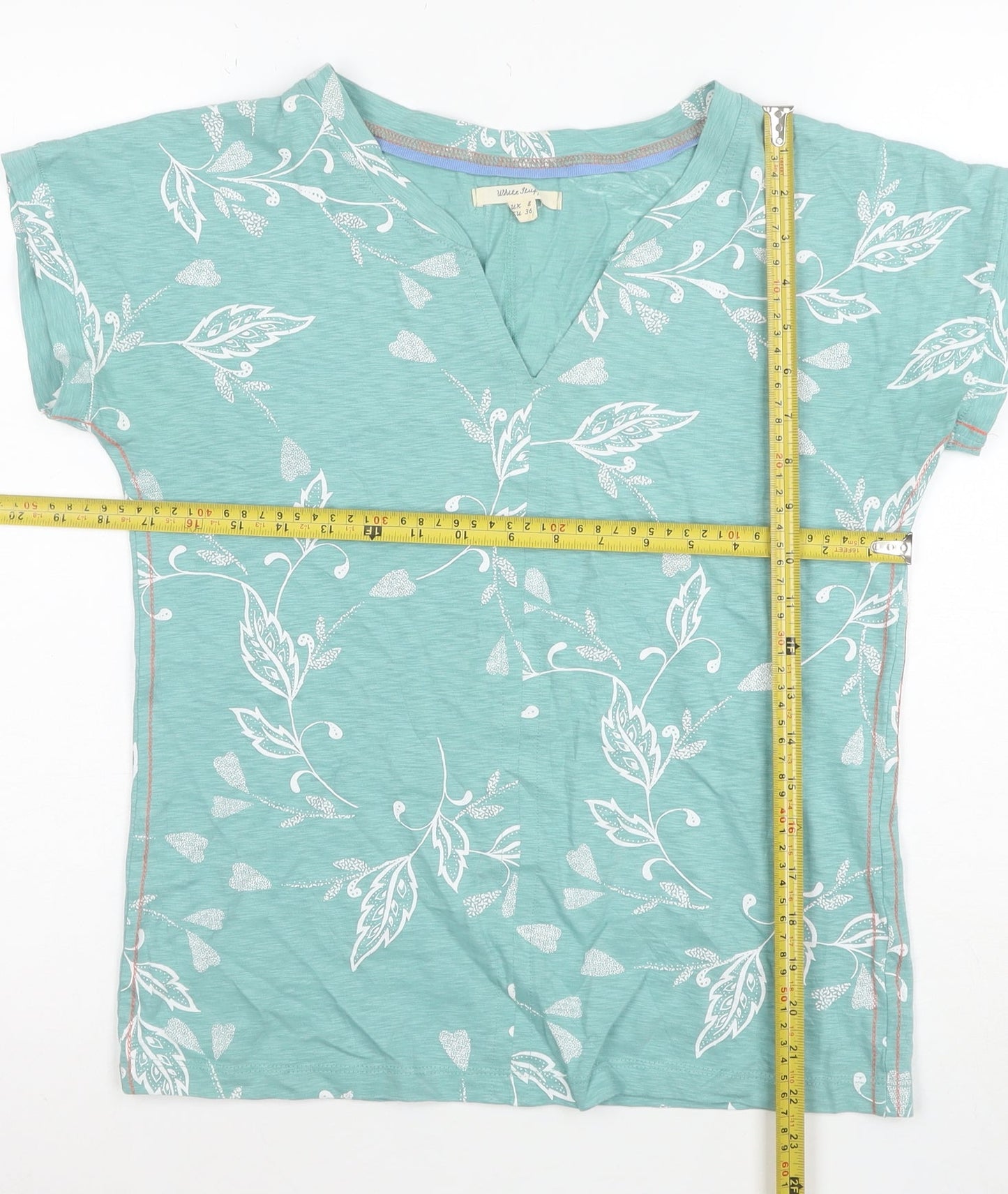 White Stuff Womens Green Floral V-Neck Cotton T-Shirt Size 8