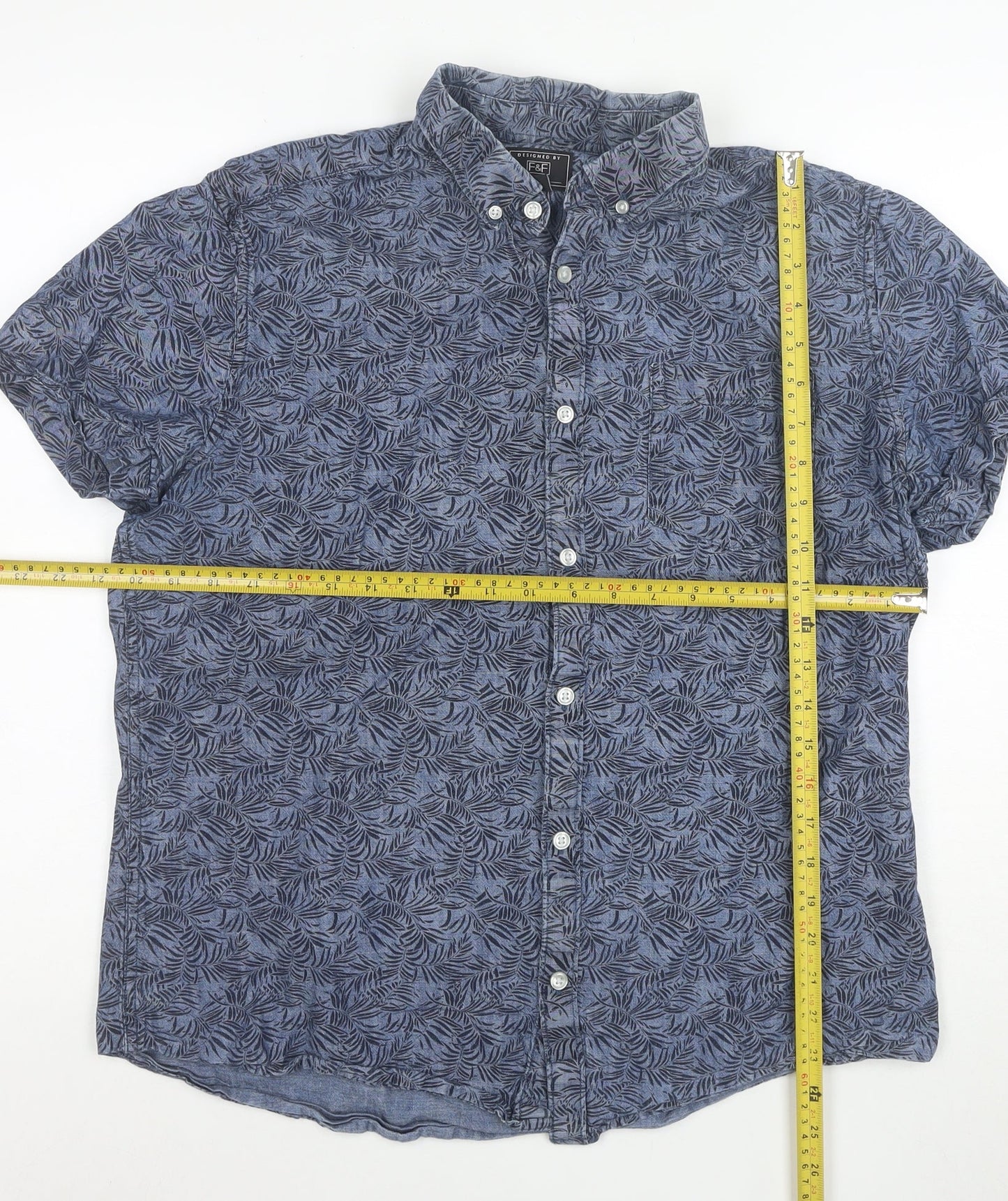 F&F Men’s Blue Cotton Short Sleeve Button-Up Shirt L