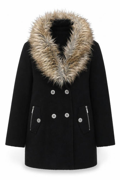 Lipsy London Women Black Faux Fur Collar Wool Blend Pea Coat UK 14