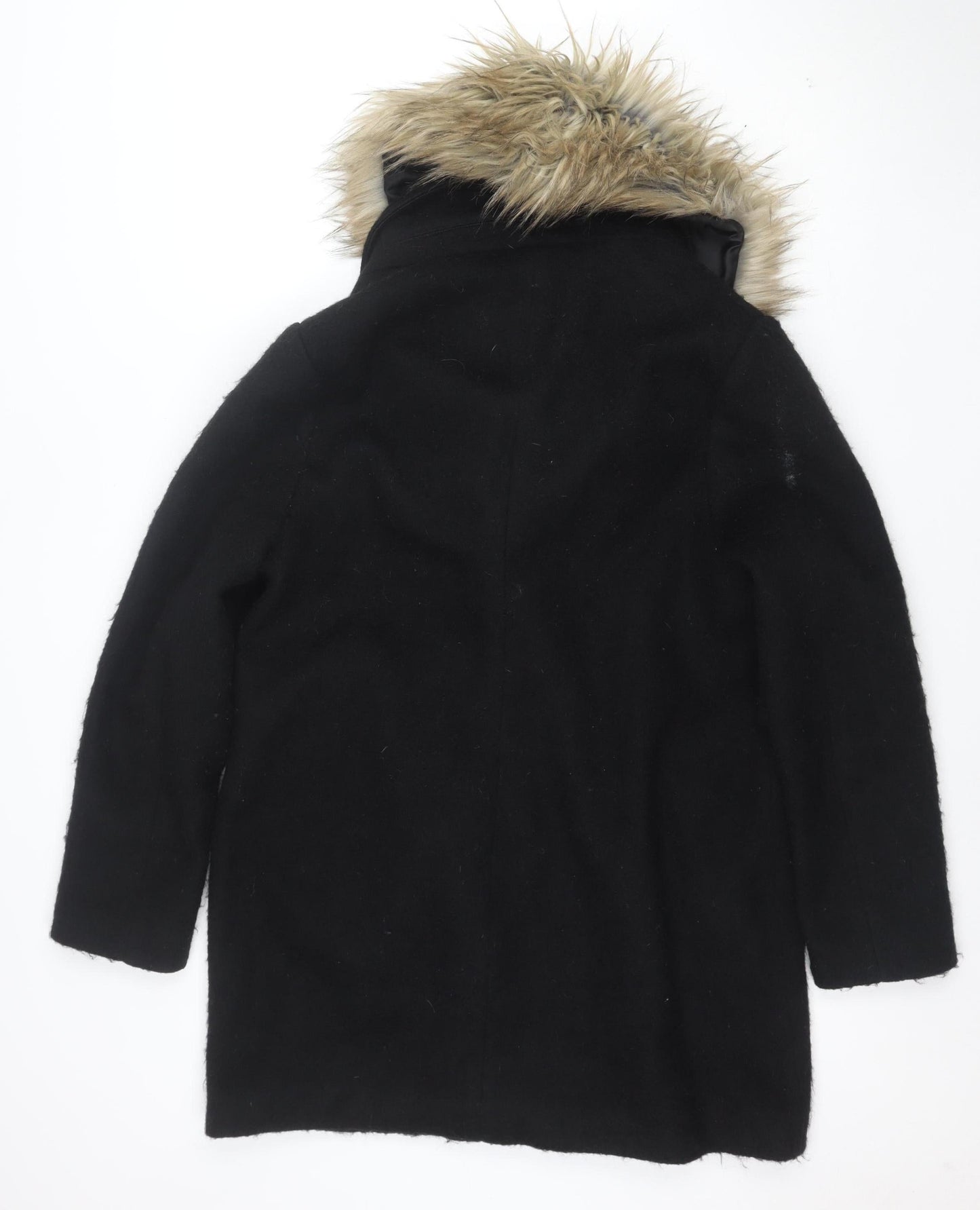 Lipsy London Women Black Faux Fur Collar Wool Blend Pea Coat UK 14