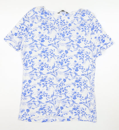 Bonmarche Women's Blue Floral Cotton V-Neck T-Shirt Size 16