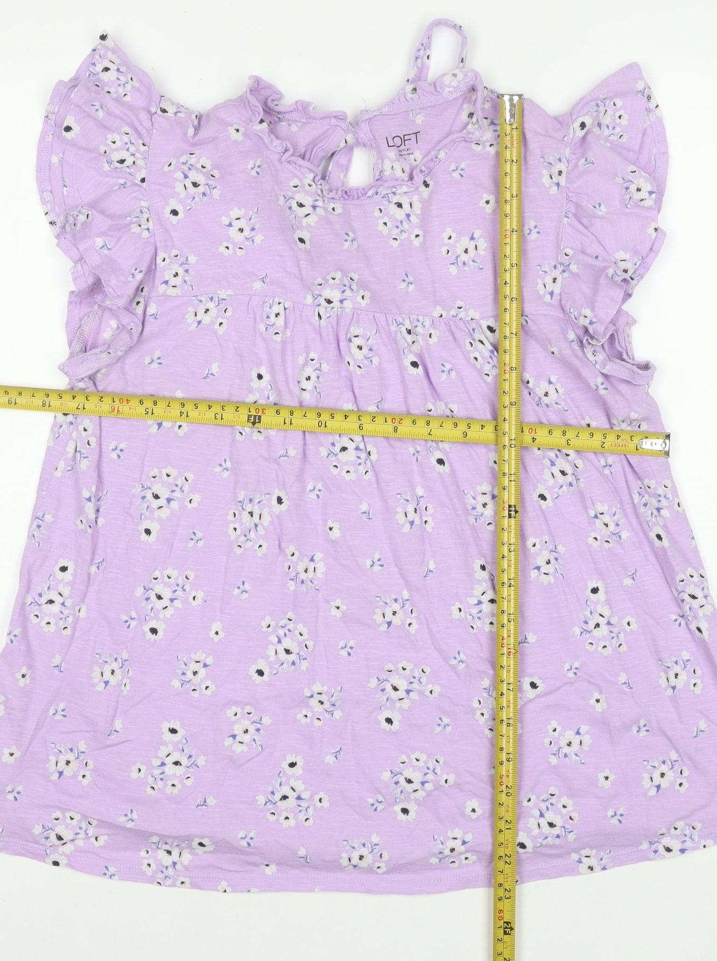 LOFT Outlet Women’s Purple Floral Ruffle Short Sleeve Cotton Tunic Blouse Size S