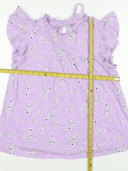LOFT Outlet Women’s Purple Floral Ruffle Short Sleeve Cotton Tunic Blouse Size S