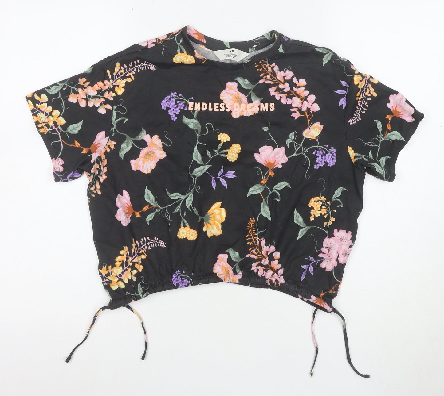 H&M Girls Black Floral Cropped T-Shirt 12 Years Adjustable Hem