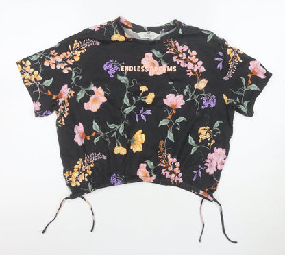 H&M Girls Black Floral Cropped T-Shirt 12 Years Adjustable Hem