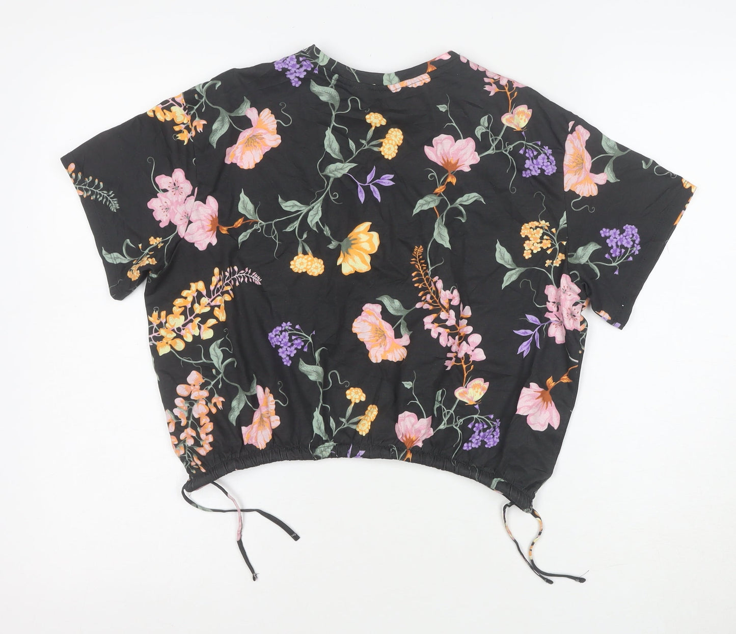 H&M Girls Black Floral Cropped T-Shirt 12 Years Adjustable Hem