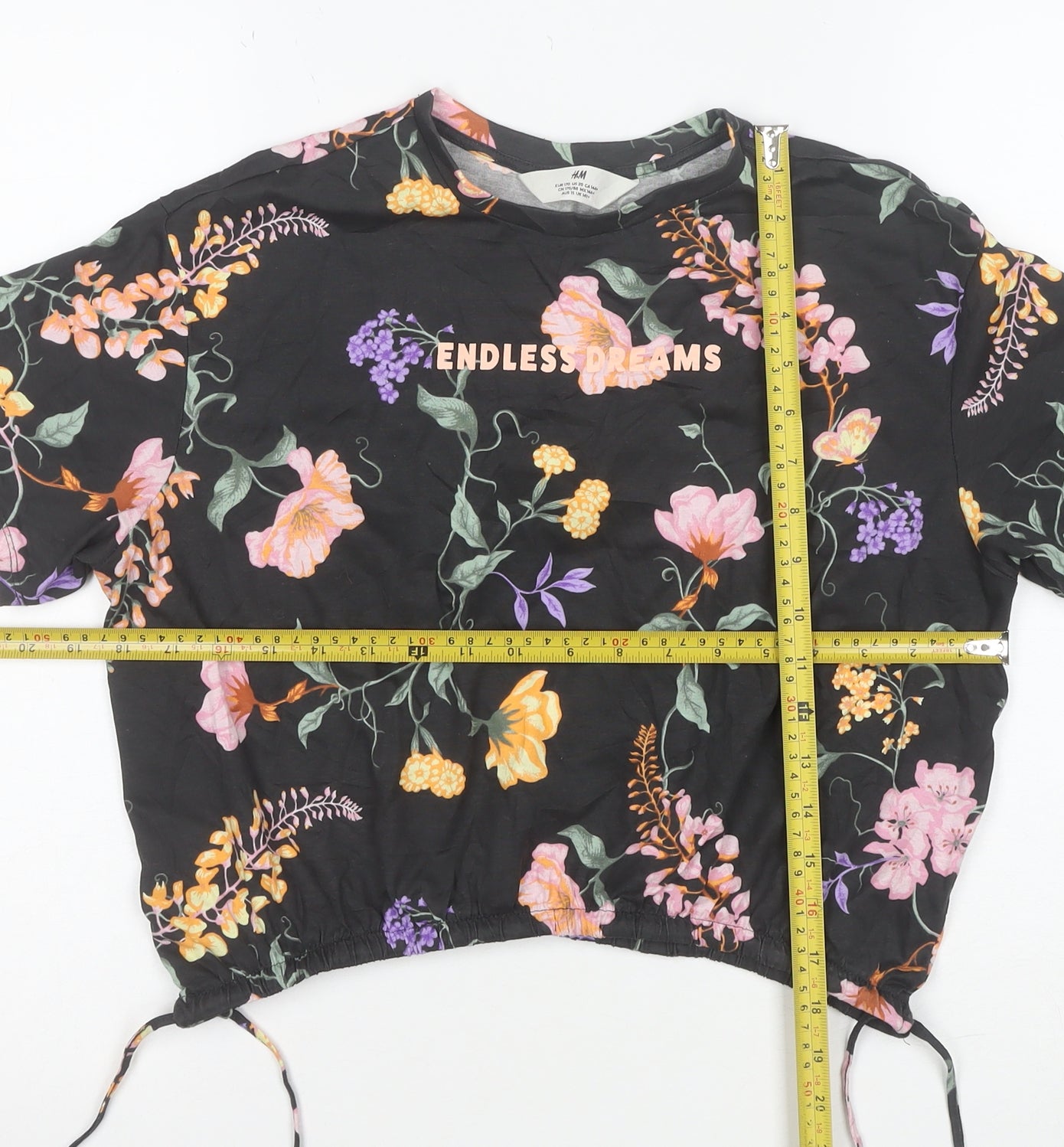 H&M Girls Black Floral Cropped T-Shirt 12 Years Adjustable Hem