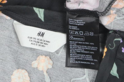 H&M Girls Black Floral Cropped T-Shirt 12 Years Adjustable Hem