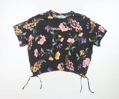 H&M Girls Black Floral Cropped T-Shirt 12 Years Adjustable Hem