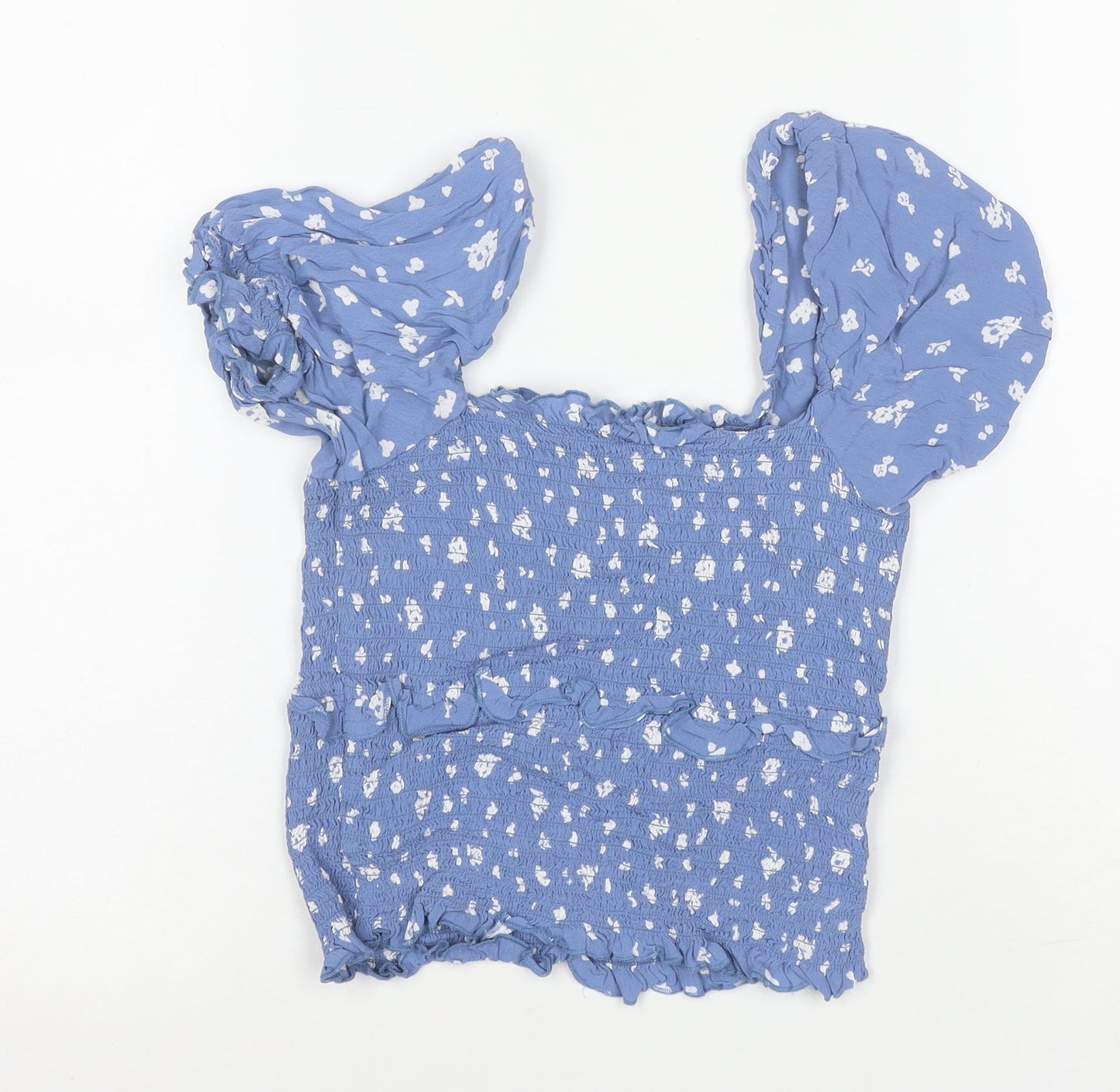River Island Women’s Blue Floral Cropped Puff Sleeve Blouse Size 8