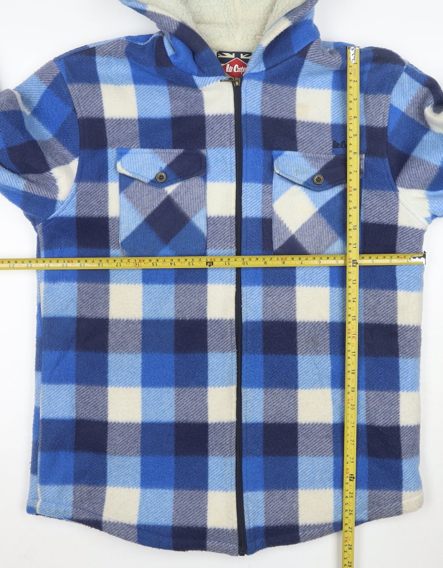 Lee Cooper Men's Blue Check Fleece Hooded Jacket Size M