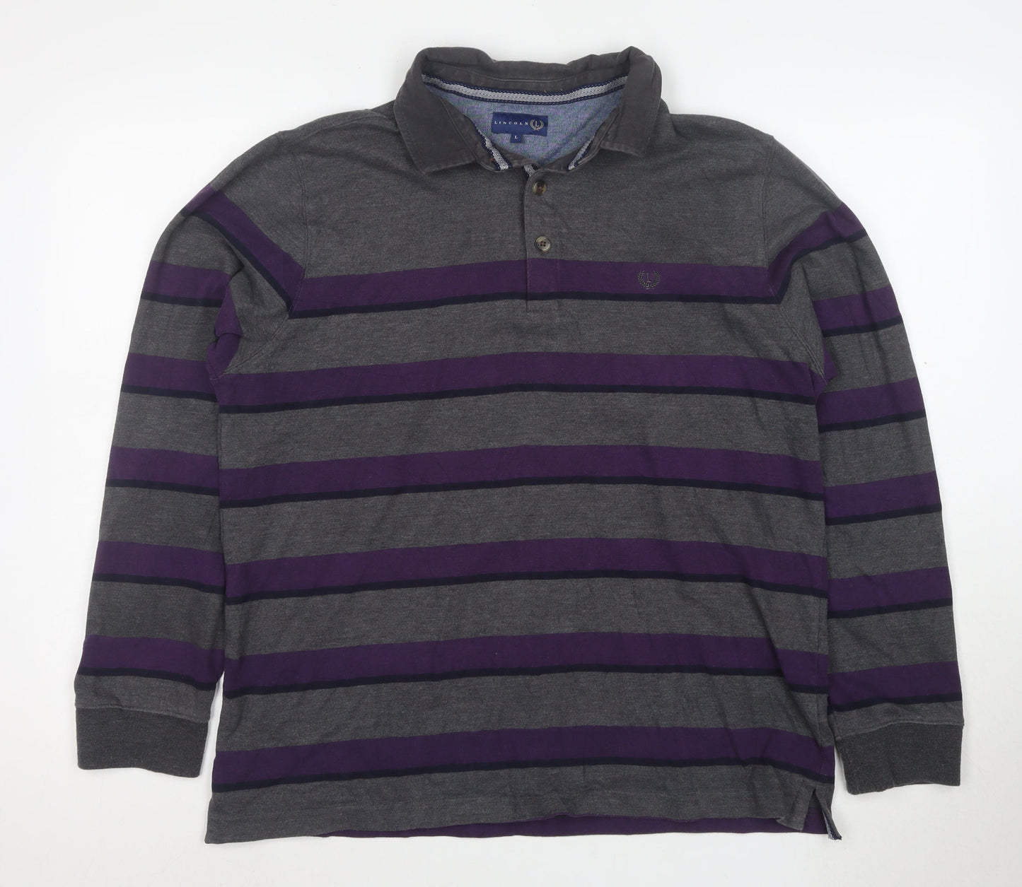 Lincoln Men’s Grey and Purple Striped Long Sleeve Polo Large