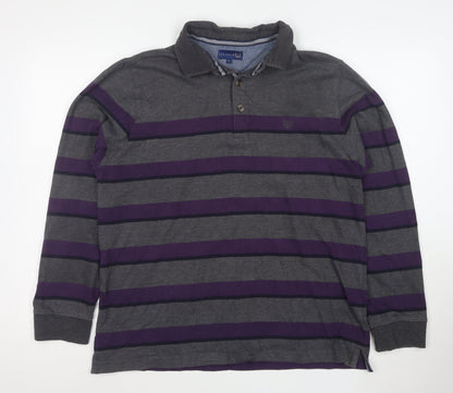 Lincoln Men’s Grey and Purple Striped Long Sleeve Polo Large