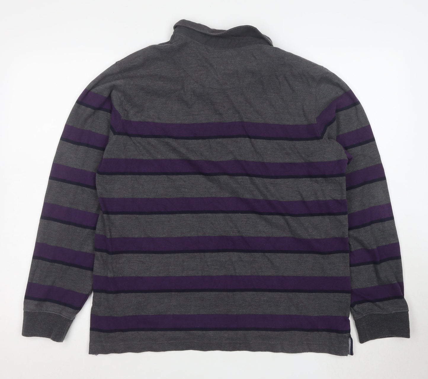 Lincoln Men’s Grey and Purple Striped Long Sleeve Polo Large