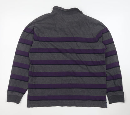 Lincoln Men’s Grey and Purple Striped Long Sleeve Polo Large