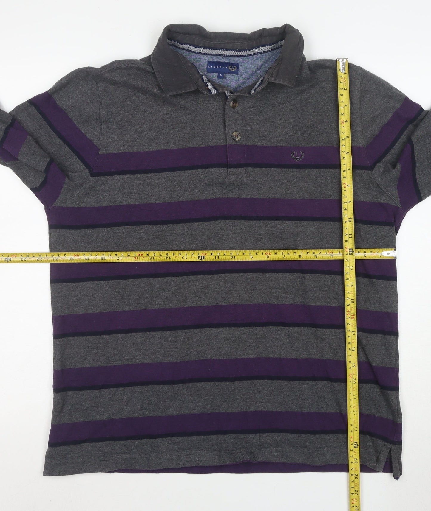 Lincoln Men’s Grey and Purple Striped Long Sleeve Polo Large