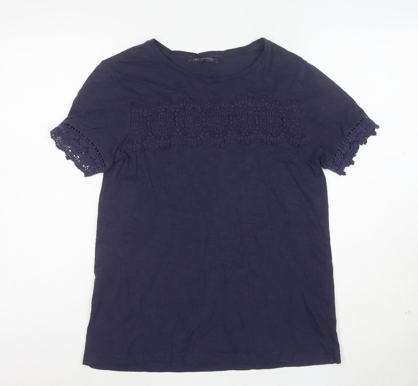 Marks and Spencer Womens Blue Crochet Trim Cotton T-Shirt Size 8