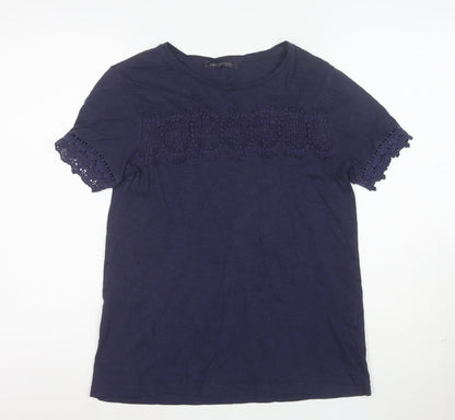 Marks and Spencer Womens Blue Crochet Trim Cotton T-Shirt Size 8