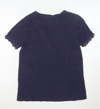 Marks and Spencer Womens Blue Crochet Trim Cotton T-Shirt Size 8