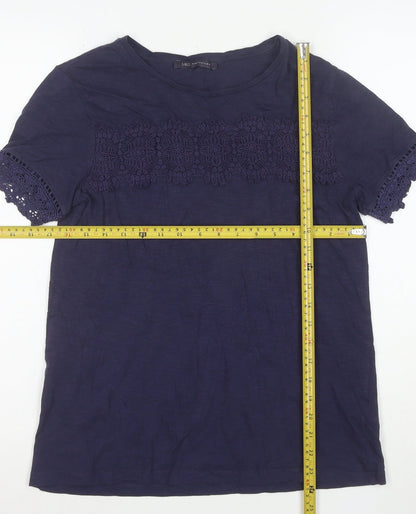 Marks and Spencer Womens Blue Crochet Trim Cotton T-Shirt Size 8