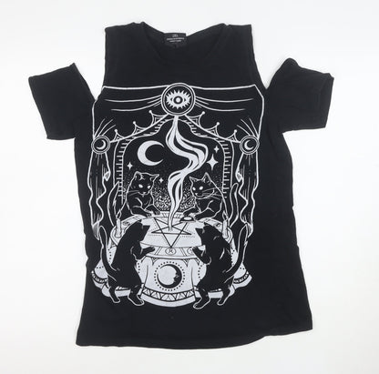 Restyle Women’s Black Gothic Cat Graphic Cold Shoulder Cotton T-Shirt Size S