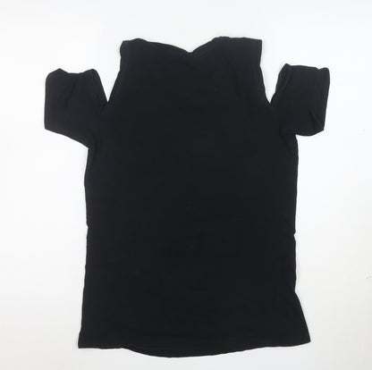 Restyle Women’s Black Gothic Cat Graphic Cold Shoulder Cotton T-Shirt Size S
