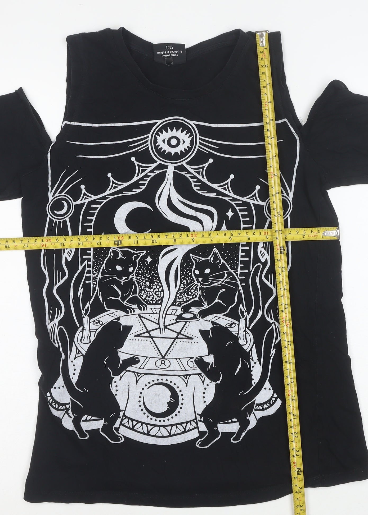 Restyle Women’s Black Gothic Cat Graphic Cold Shoulder Cotton T-Shirt Size S