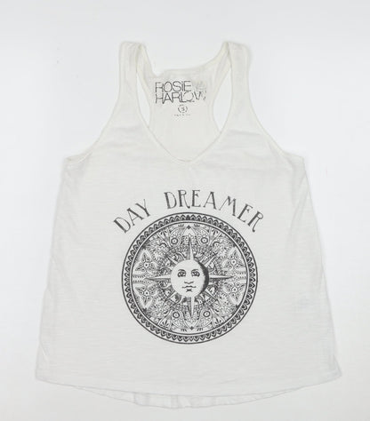 Rosie Harlow Women's White Racerback Tank Top Small Boho Graphic