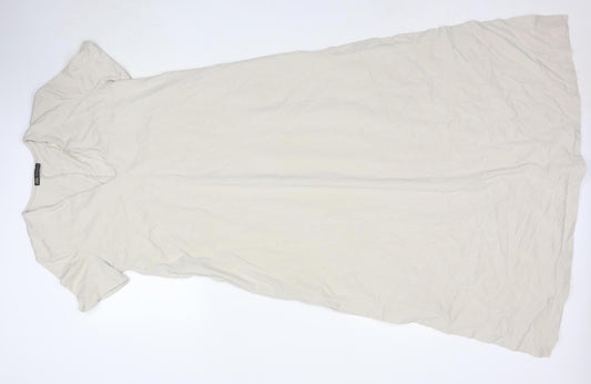 Zara Women Beige Long Cotton Shift Dress Size S Short Sleeve V-Neck