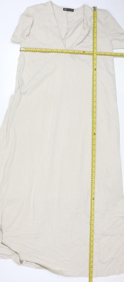 Zara Women Beige Long Cotton Shift Dress Size S Short Sleeve V-Neck