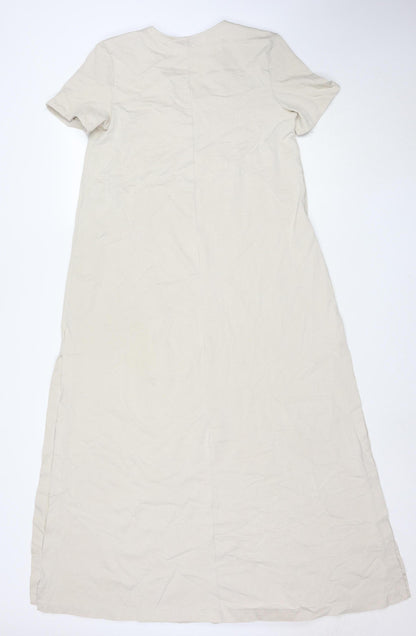 Zara Women Beige Long Cotton Shift Dress Size S Short Sleeve V-Neck
