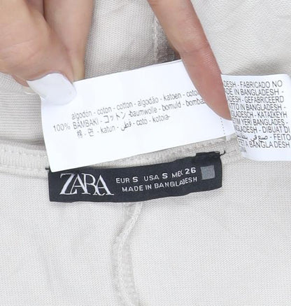 Zara Women Beige Long Cotton Shift Dress Size S Short Sleeve V-Neck