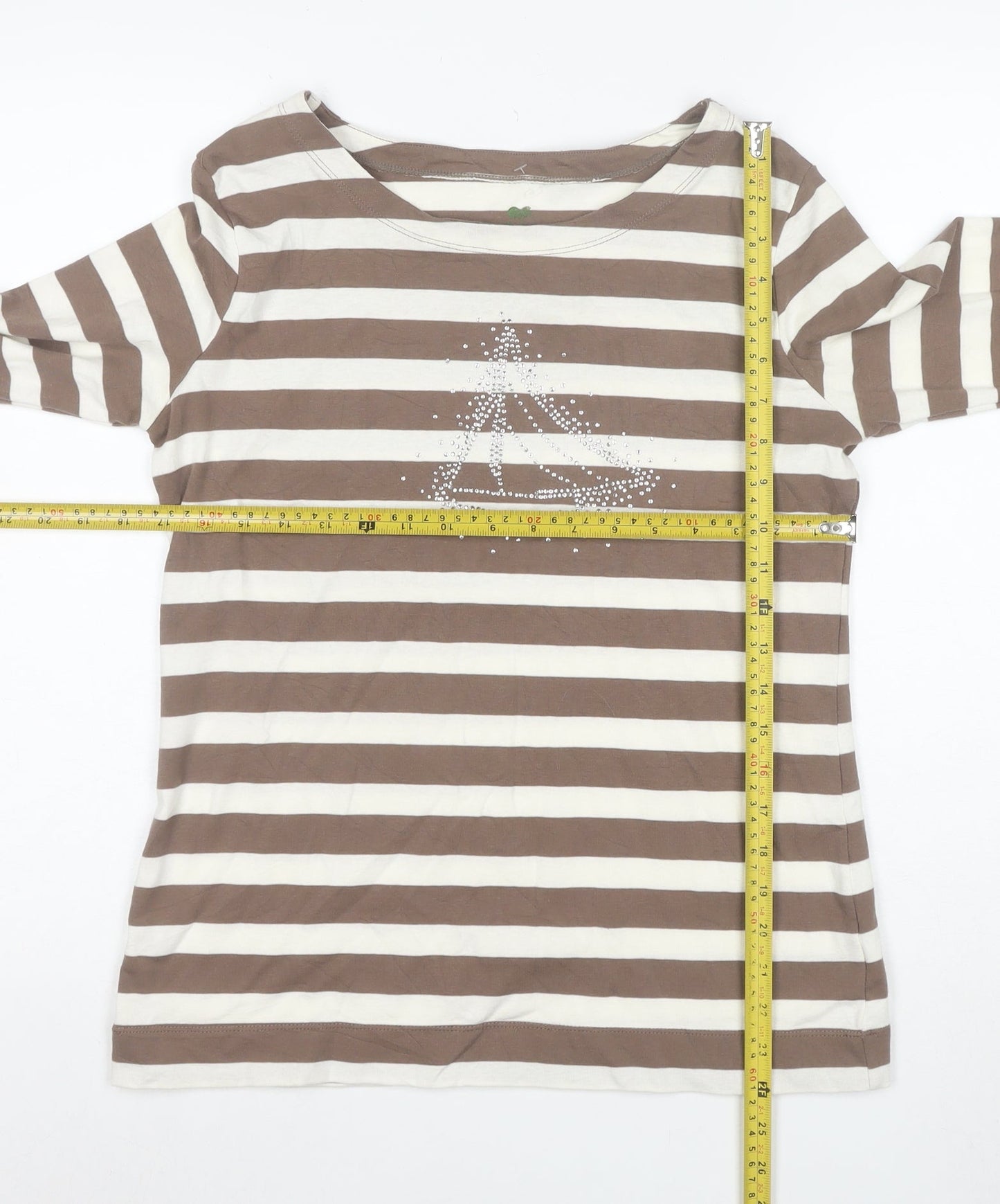 Plain Hobbs Women's Brown Striped 3/4 Sleeve Boat Neck T-Shirt M