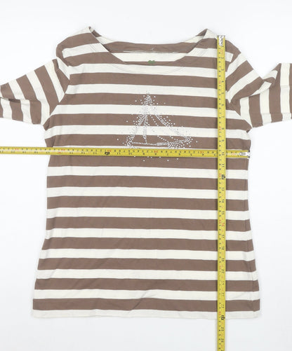 Plain Hobbs Women's Brown Striped 3/4 Sleeve Boat Neck T-Shirt M
