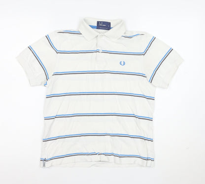 Fred Perry Men's White Striped Cotton Polo Shirt Size M