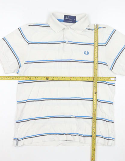 Fred Perry Men's White Striped Cotton Polo Shirt Size M