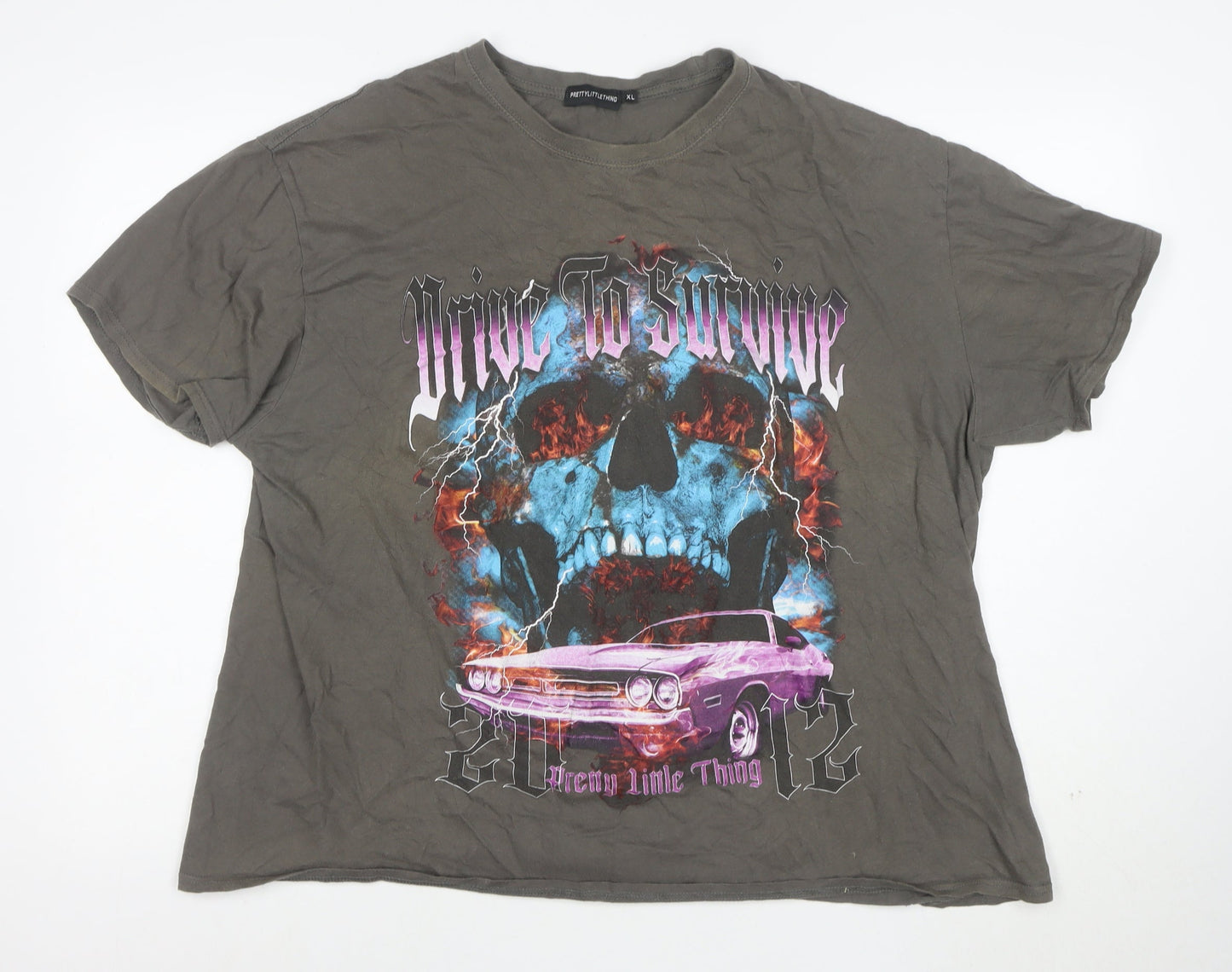 PrettyLittleThing Mens Grey XL Graphic Skull Car Relaxed Fit T-Shirt