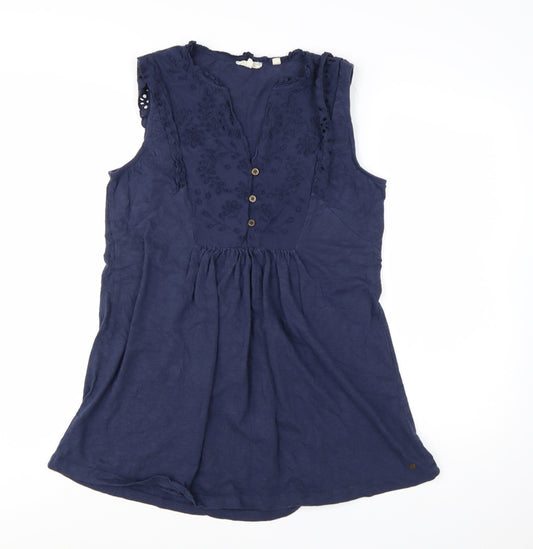 Fat Face Women's Blue Cotton Embroidered Sleeveless Tunic Blouse UK 14