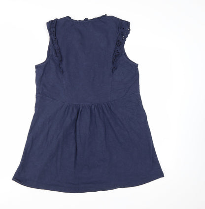 Fat Face Women's Blue Cotton Embroidered Sleeveless Tunic Blouse UK 14