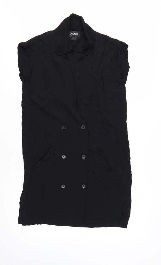 Monki Women Black Collared Short Sleeve Shirt Dress Size S