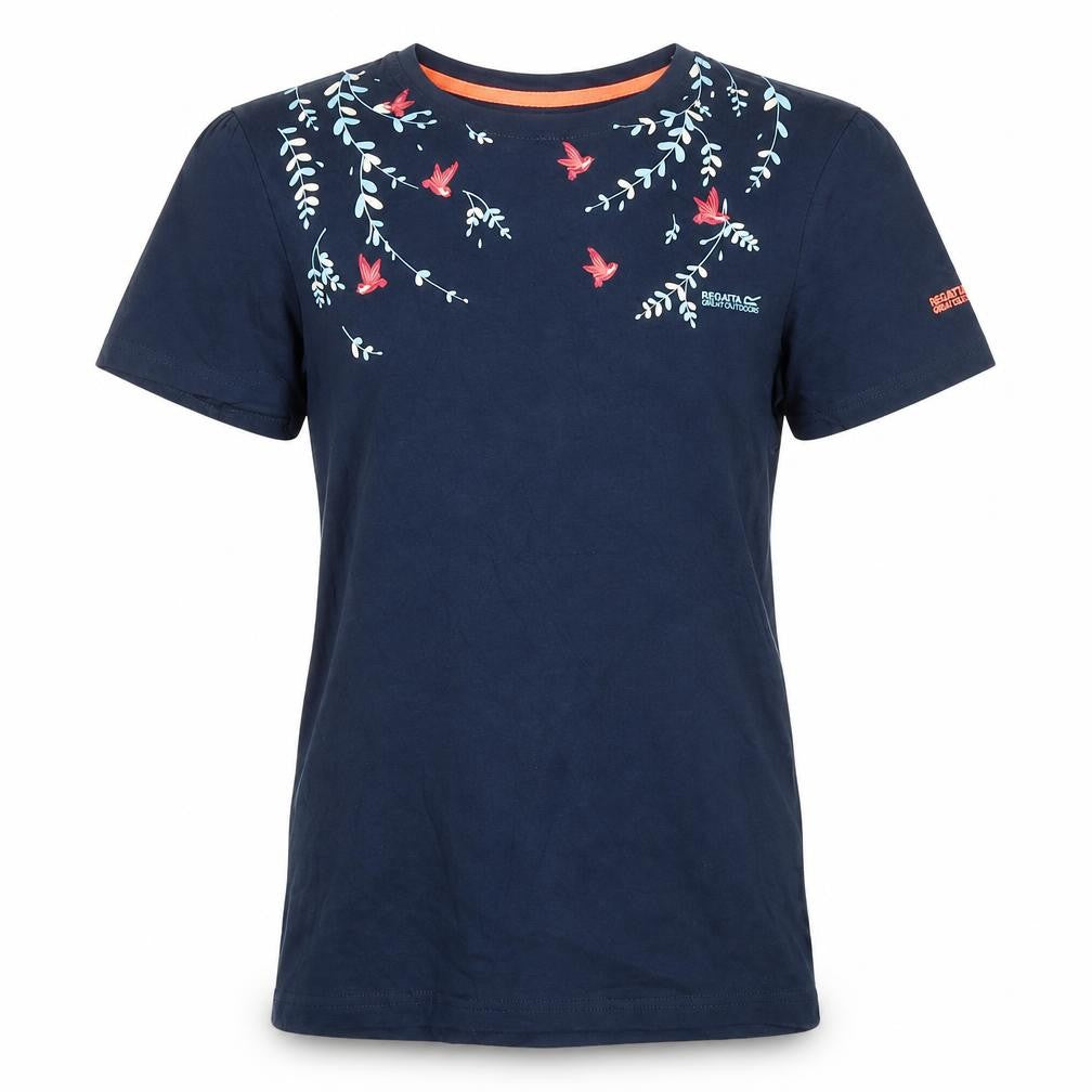 Front view of Regatta girls’ navy blue floral embroidered cotton t-shirt 14 years
