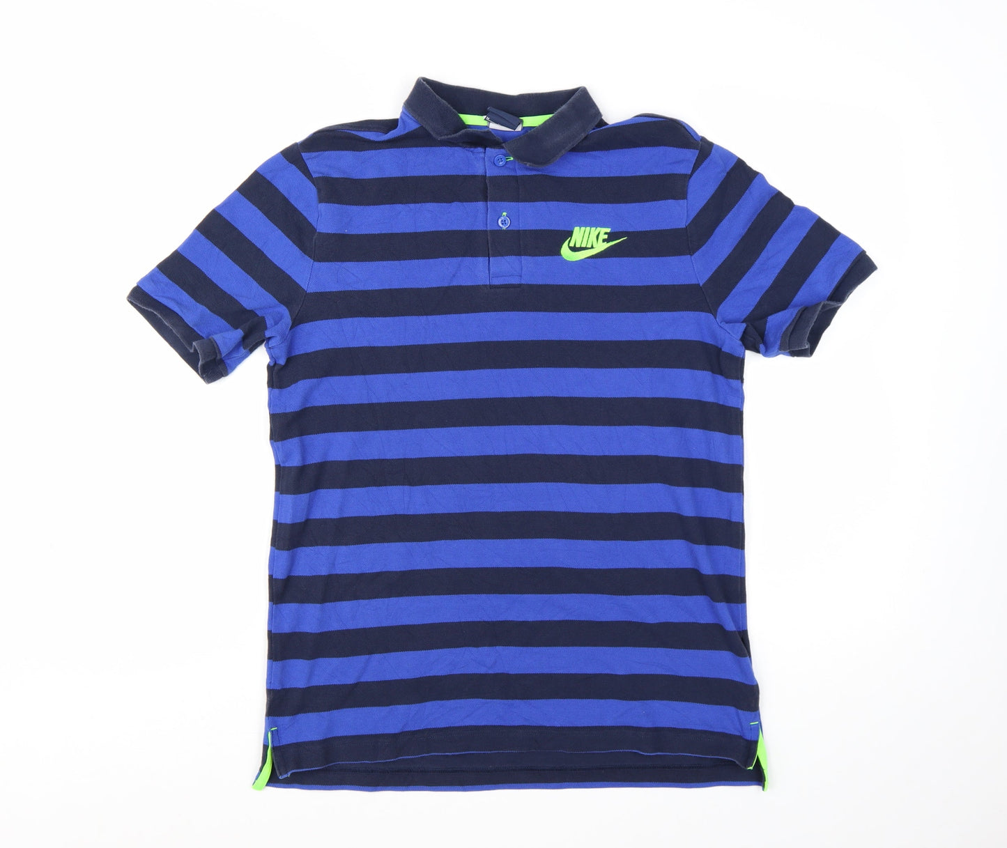 Nike Men Blue Striped Logo Cotton Polo Shirt Medium
