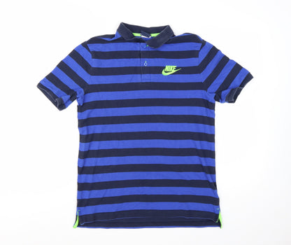 Nike Men Blue Striped Logo Cotton Polo Shirt Medium