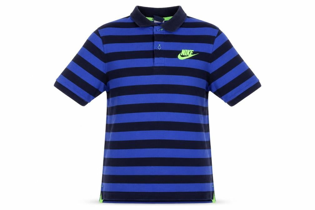 Nike Men Blue Striped Logo Cotton Polo Shirt Medium