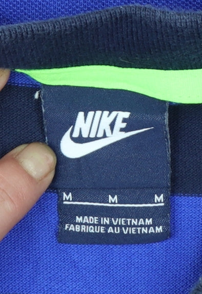 Nike Men Blue Striped Logo Cotton Polo Shirt Medium