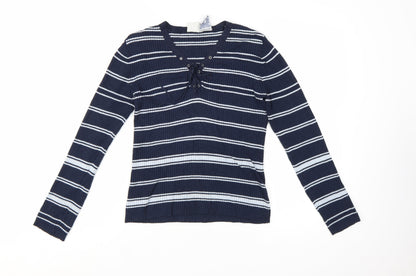 Faded Glory Women Blue Striped V-Neck Lace-Up Pullover Jumper M
