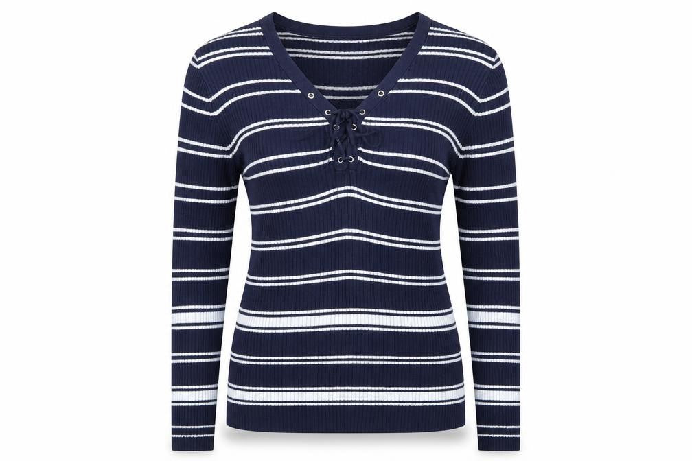 Faded Glory Women Blue Striped V-Neck Lace-Up Pullover Jumper M
