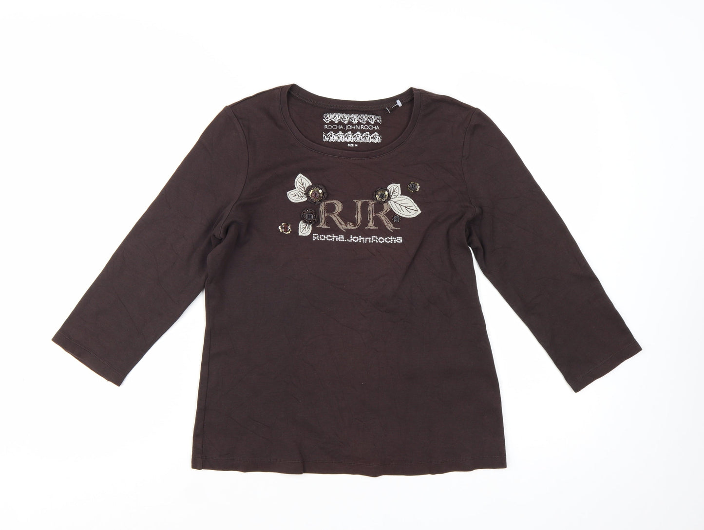 Rocha.John Rocha Women Brown 3/4 Sleeve Cotton Top Size 14