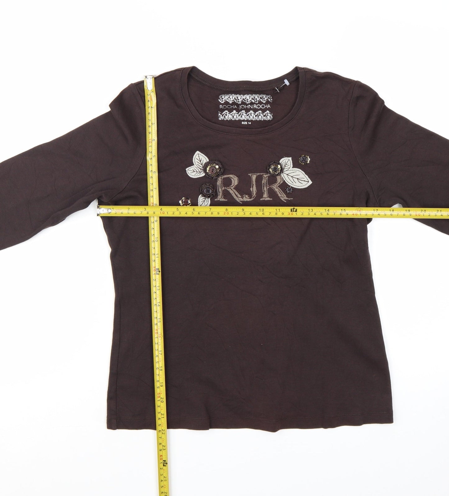 Rocha.John Rocha Women Brown 3/4 Sleeve Cotton Top Size 14
