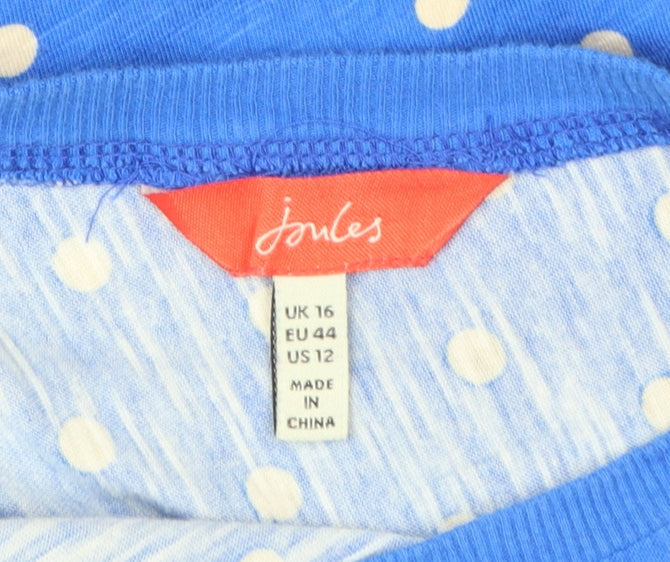 Joules Women's Blue Polka Dot V-Neck Cotton T-Shirt Size 16
